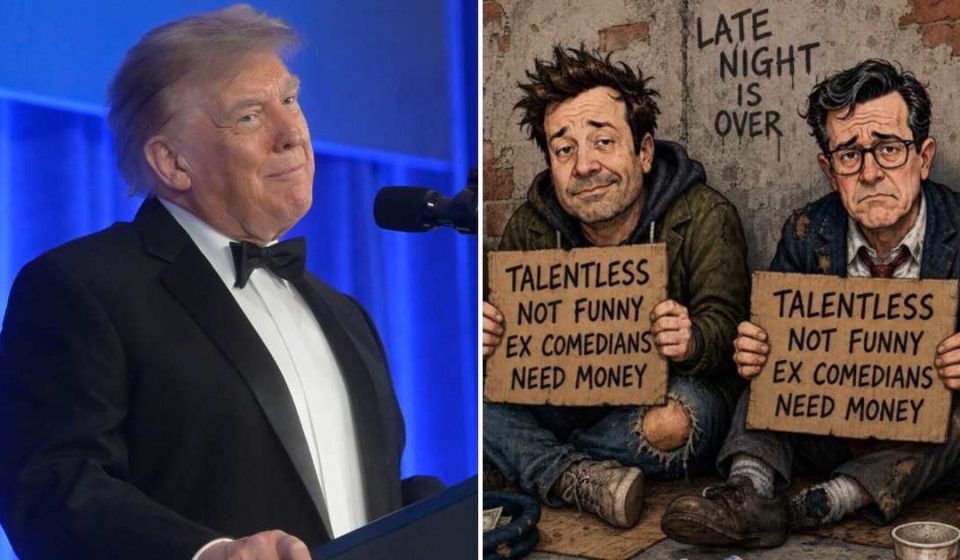 Donald Trump went on a posting spree on Truth Social on Sunday, July 26, sharing AI-generated images targeting Stephen Colbert, Jimmy Fallon, Jimmy Kimmel, and Rosie O'Donnell, among others (Getty Images, Donald Trump/Truth Social)