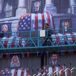 A billboard in Tehran depicted Donald Trump and members of his family above coffins bearing the American flag (@Daily_Express/X)
