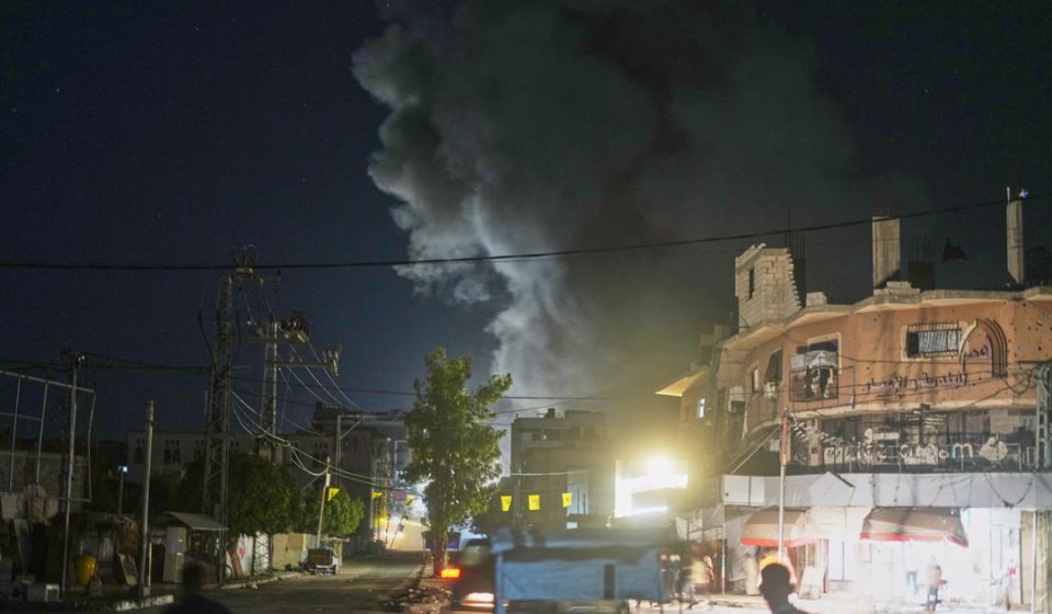 A plume of smoke rises following an Israeli military strike in Nuseirat, central Gaza Strip, Friday, July 31, 2026 (AP Photo/Abdel Kareem Hana)